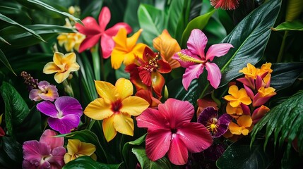Vibrant tropical flowers arranged beautifully in a lush, exotic setting.
