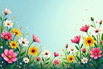 Scattered wildflowers, naive style, pastel hues, botanical, simple