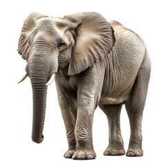 Obraz premium A massive, well-built elephant with a thick grey wrinkled hide and long trunk stands in a realistic side-view portrait, full body on a white background, with large floppy ears, dark eyes, and a calm, 
