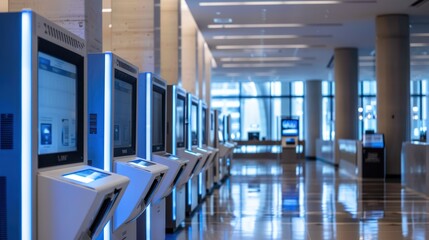 Detailed shot of a row of ATMs in a clean and well-lit bank lobby, with space for branding or text.