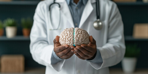 Un m&eacute;decin noir tenant dans ses mains un mod&egrave;le de cerveau lumineux