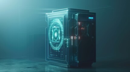 A conceptual image of a digital cryptocurrency safe with a holographic interface, against a minimalist backdrop.