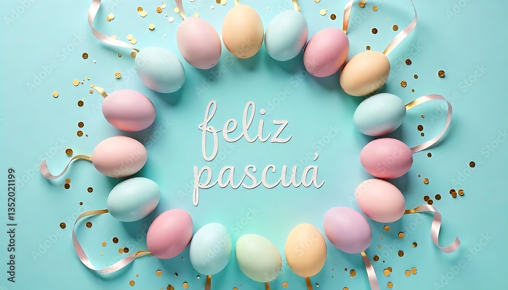 Fototapete easter eggs arranged in circle on a light blue background, adorned with golden confetti and ribbons,
