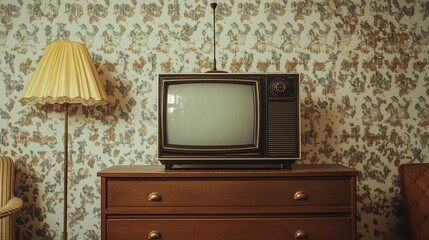 Retro TV on dresser, floral wallpaper background; nostalgic home interior
