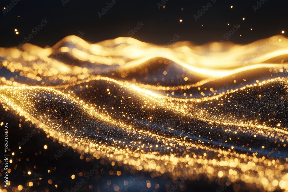 Poster glowing particles creating undulating waves with a dark background