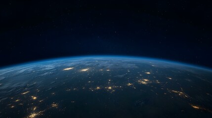 Obraz premium Stunning view of Earth at night from space, showing city lights against a dark backdrop of stars.