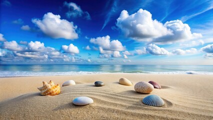 Obraz premium Tranquil Zen stone arrangement on a serene sandy beach, with shells and pebbles scattered around the stones, under a clear blue sky with puffy white clouds , nature, calmness