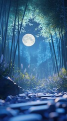 A moonlit path illuminated by soft light through tall bamboo trees