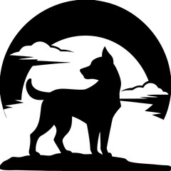 Silhouetted Dog Standing Against Mystical Moon and Clouds Vector Art