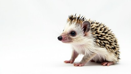 Tiny hedgehog posed on pure white background, curled slightly , animal photography, background