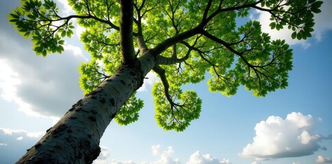 Tree trunk and branches stretch towards a grey sky, foliage, cloud, branch