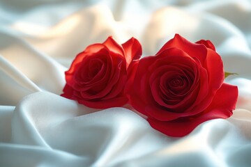 Red Roses on White Silk Fabric Romantic Still Life Closeup