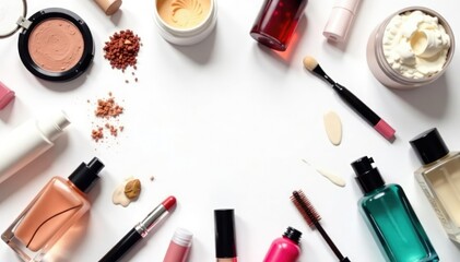 Various cosmetic items arranged on white background, products, cream