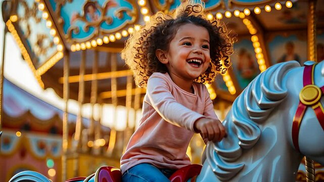 Happy Child Smiling on a Carousel Horse at an Amusement Park with Colorful Lights in the Background

