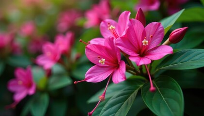 Vibrant fuchsia blossoms, intricate leafy details, wallpaper, vivid