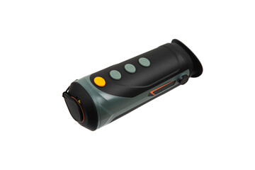 Thermal imaging monocular with multiple buttons, lens cover, and ergonomic design, ideal for night vision and outdoor activities, isolated on a white back