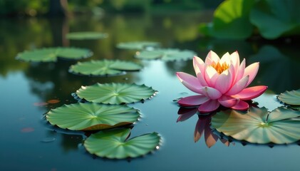 Water lilies forming a floral pattern on a still lake's surface, plants, nature
