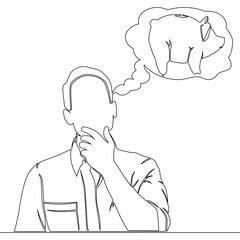 Continuous one single line drawing Financial Planning Vision Man Contemplates a Piggy Bank, Symbolizing Savings, Budgeting, and Smart Money Management icon vector illustration concept