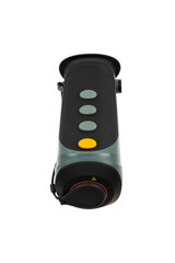 Thermal imaging monocular with multiple buttons, lens cover, and ergonomic design, ideal for night vision and outdoor activities, isolated on a white back