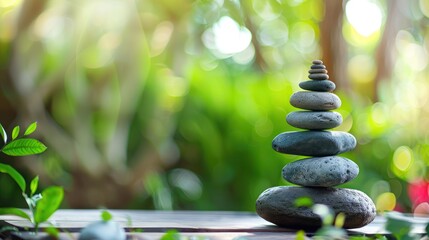 Obraz premium A person practicing meditation next to a stack of stones in a peaceful garden, with soft focus on greenery in the background.