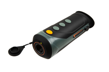 Thermal imaging monocular with multiple buttons, lens cover, and ergonomic design, ideal for night vision and outdoor activities, isolated on a white back