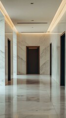 Elegant marble hallway with recessed lighting and dark doors.  Modern minimalist interior design.