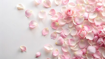 Fototapeta premium Soft pink rose petals scattered on a white background, with delicate floral details and a subtle sense of movement