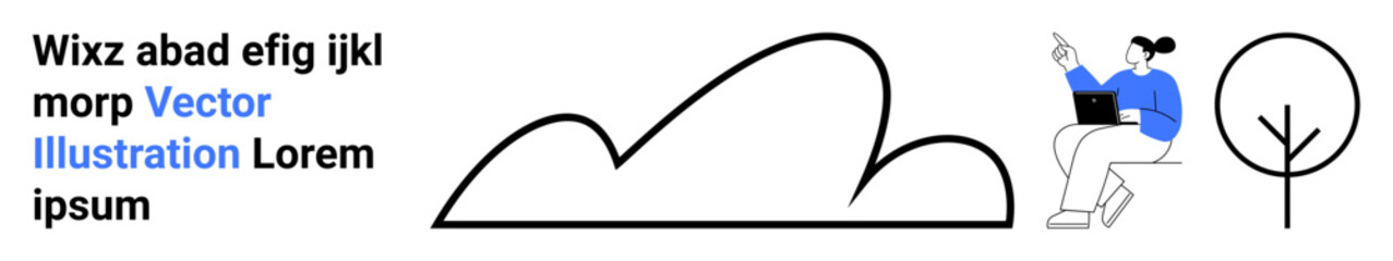 Individual seated with laptop, outlined cloud and tree combine simplicity with a focus on outdoor work or relaxation. Ideal for remote work, nature, minimalism, sustainability, lifestyle, tech