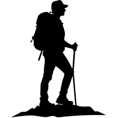 Vector Silhouette of Hiker with Backpack and Walking Stick for Outdoor Adventure Designs