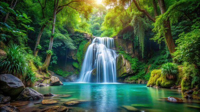 Waterfall in dense forest, natural scenery, serene environment
