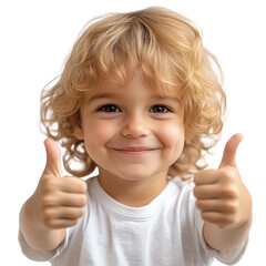 Cheerful smiling kid showing thumbs up isolated on transparent background, PNG