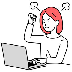 ノートパソコンの画面を見て怒っているカジュアルな女性