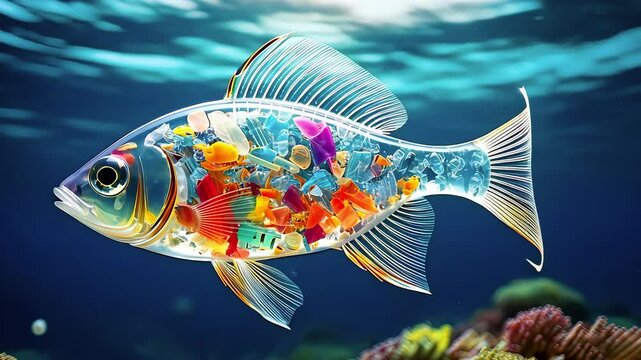 Close up of a fish that has ingested large quantities of microplastics.Plastic pollution in ocean,concept of environmental pollution.