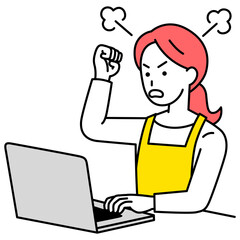 ノートパソコンの画面を見て怒っているエプロン姿の女性