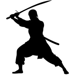 Silhouette of Samurai Warrior with Katana Sword in Combat Pose Vector Art