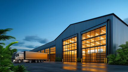 Obraz premium modern warehouse exterior features large windows and truck parked outside, illuminated by warm lights. scene conveys sense of efficiency and productivity in commercial setting