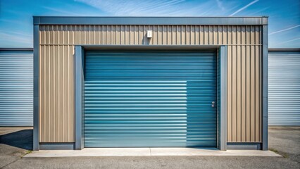 A self storage unit with a closed door and metal exterior in front of a building, unit, container,  unit