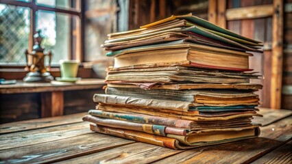 A stack of vintage magazines with different colored covers and worn pages lies on a rustic wooden table, surrounded by natural light and old books, magazine rack, antique magazines