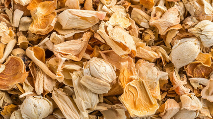 Dried flower petals and buds, close-up texture, herbal tea ingredient, background for wellness products