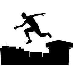 Silhouette of Man Performing Parkour Leap Over City Rooftops Dynamic Vector Illustration