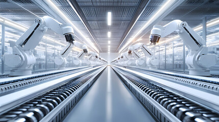 A futuristic industrial setting featuring robotic arms along a conveyor belt in a high-tech environment.