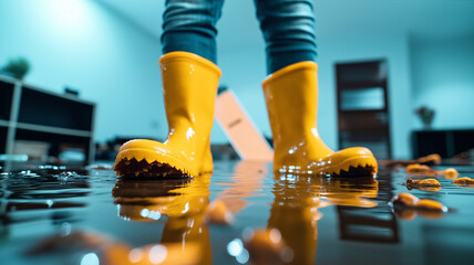 person is standing in yellow rain boots on wet floor, surrounded by scattered items. reflection in water creates playful atmosphere, highlighting vibrant color of boots