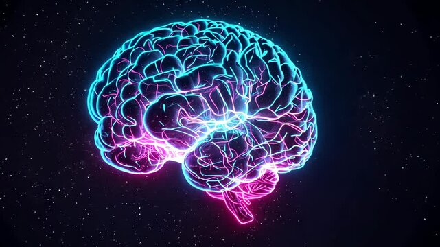 Neon Brain in Pixel Art Style Against Dark Space Background