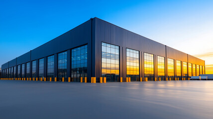 Fototapeta premium modern industrial warehouse exterior showcases large glass windows reflecting vibrant sunset. sleek design and expansive structure evoke sense of innovation and functionality
