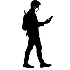 Silhouette of Person Walking with Smartphone and Backpack Wearing Mask