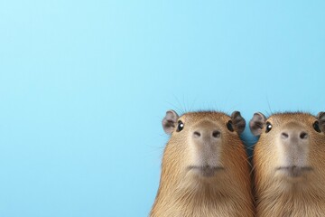 Fototapeta premium Two capybaras looking curiously at the viewer on a vibrant blue background, showcasing their unique expressions and playful nature in a cheerful atmosphere