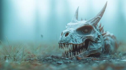 Obraz premium detailed dragon skull lies on ground, surrounded by misty fog in forest setting. eerie atmosphere enhances skull menacing features, evoking sense of mystery and intrigue