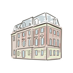 Fototapeta premium Sketch vector building, NYC gallery, cultural architecture, historic style, tourism design, editorial asset, minimal hand-drawn illustration.