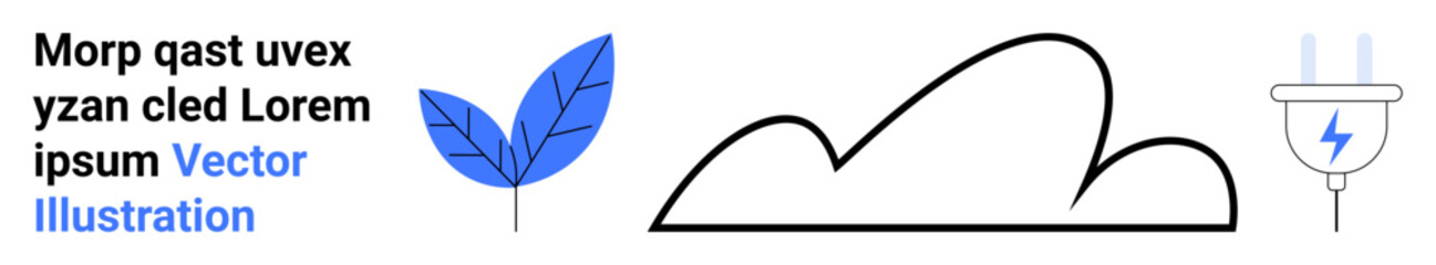 Blue leaf, minimalist cloud outline, and electric plug with lightning depict eco-friendly energy. Ideal for ecology, sustainability, renewable resource, green technology, clean energy, environmental