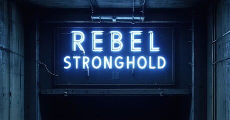 Obraz premium Neon rebel stronghold sign glowing faintly on hidden underground entrance deep navy and bright silver symbolizing resistance in dystopian world